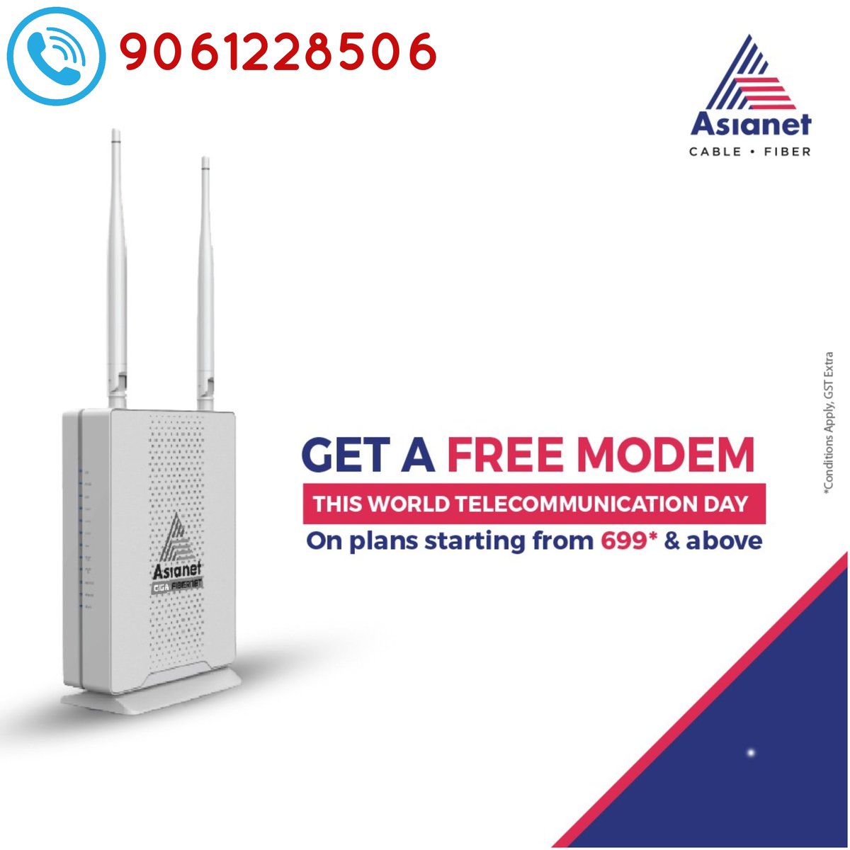 🥳🥳🥳Tomorrow is world telecommunication day...🌟💥💥🌟Amazing once in a blue moon offer of free modem for just one day only.✨🌟✨. Monthly plans starting from 699 onwards are eligible for this offer 💫✨💫.. 

#AsianetFiber #dineeshkumarcd