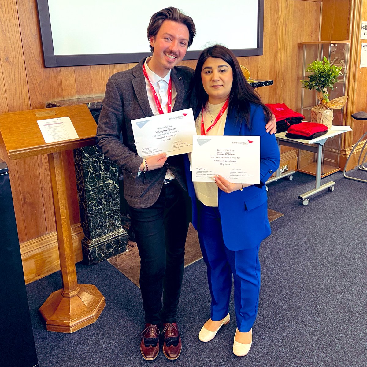 Many congratulations to @TourismENU PhD students for their successes today at @ENUBusSchool Doctoral Research Conference 🏆 🥇Christopher Barnes 🏆 🥈Homa Rahimi Well done both! We are so proud of you 🩷🩵💛