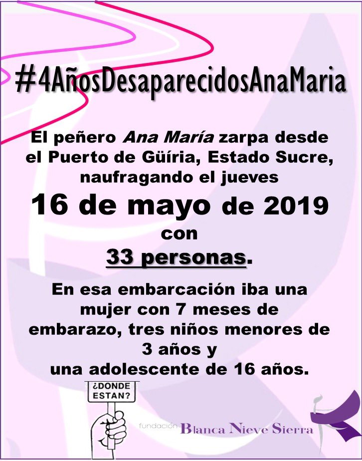 Han pasado cuatro años desde que naufragó esta embarcación sin dejar rastro de 33 venezolanos que viajaban desde Güíria en el Estado Sucre en busca de un futuro mejor en Trinidad y Tobago. Sus familiares y amigos siguen en incertidumbre #DondeEstan #4AñosDesaparecidosAnaMaria