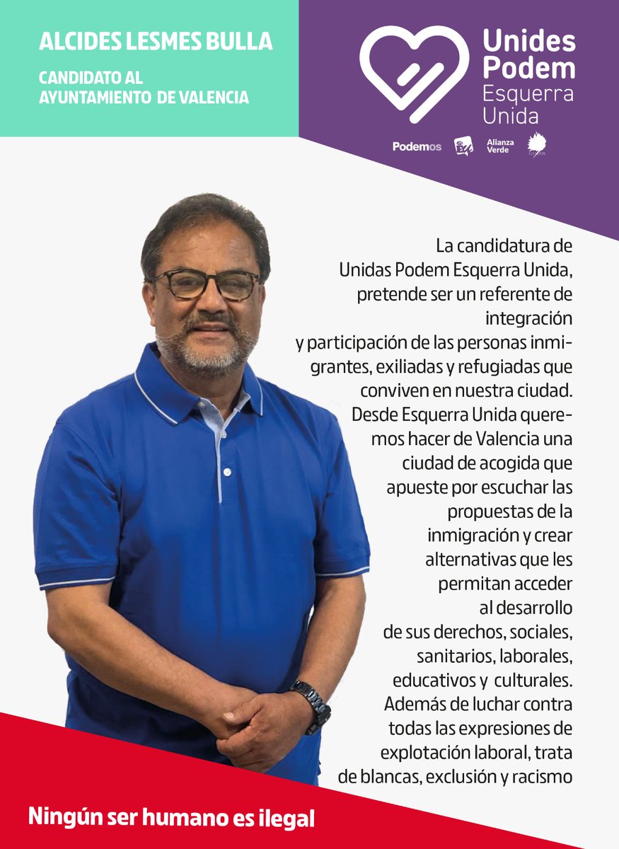 BullaLesmes's tweet photo. Al fin estaremos representando a la inmigración en la candidatura de Unidas Podemos  Esquerra Unida @BullaLesmes @EU_Valencia @podemvalencia https://t.co/gIPsQcedPa