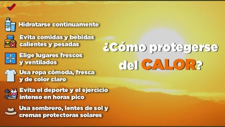 ATENCIÓN🔴| Es importante que te  protejas del calor y, para ello, te invitamos a: 
-Hidratarte continuamente💧
-Elige estar en lugares frescos y ventilados 🪟
-Usa ropa cómoda, fresca y preferiblemente, de color blanco. 
<a href="/johelbarret5/">johel barret0</a>
<a href="/Lida42414215/">Lida</a>
<a href="/javierhidald/">Javier</a>
#LeerDescoloniza