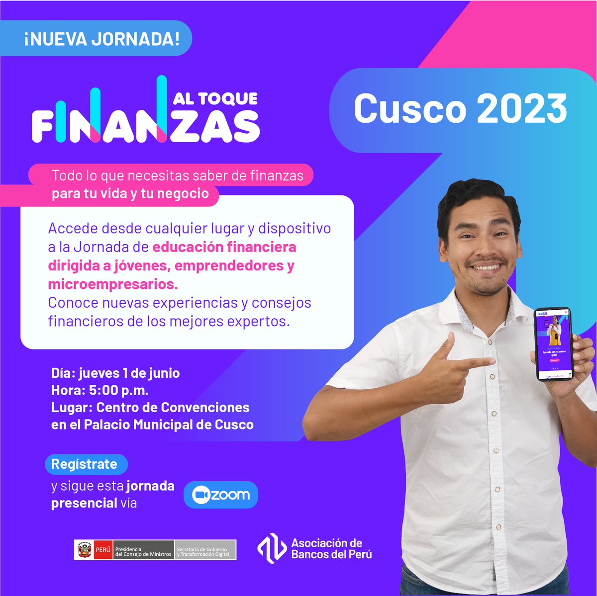 PeruPaisDigital's tweet photo. ¡Únete a la Jornada #FinanzasAlToque - Cusco 2023! 
Destacados expertos compartirán valiosas recomendaciones para el uso seguro y confiable de  plataformas digitales, así como estrategias para administrar tus  finanzas personales de manera eficiente. 

👉 https://t.co/LW1Srzz5mp https://t.co/T78V4UgZab