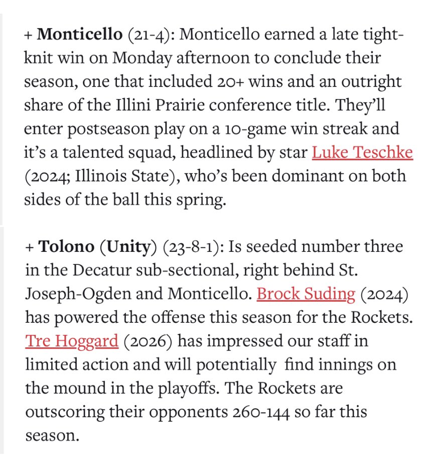 2024 IL Braves <a href="/Luke_Teschke/">Luke Teschke</a> (Monticello) and <a href="/SudingBrock/">Brock Suding</a> (Tolono Unity) we’re spotlighted in the @PBRIllinois 2A IHSA postseason write up. Show out fellas 😤👊