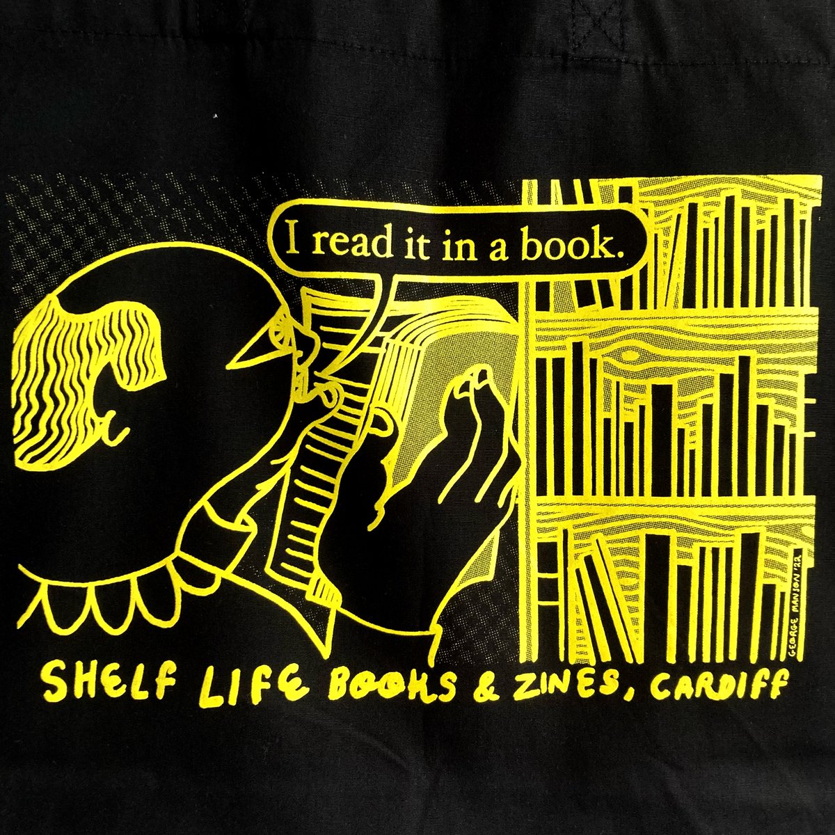 gergemanson's tweet photo. Very excited to have been asked to design these for the brilliant Shelf Life. Roomy tote for all your books and non books. Grab one from @shelflifecdf now! https://t.co/LqJhRPIy8u