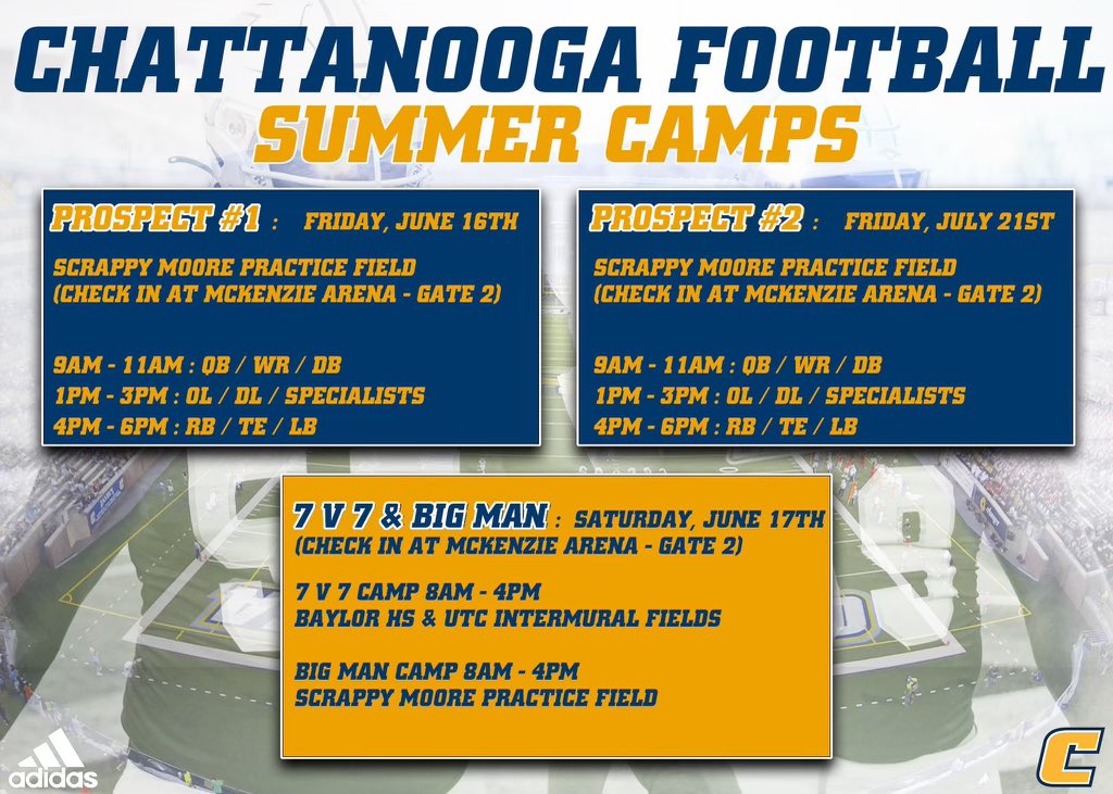 Awesome City✅ Great Weather✅ Top Notch Staff✅ New Facility Under Construction⌛️ Plenty of reasons to come camp at Chattanooga this summer. …attanoogafootballcamps.totalcamps.com/shop/EVENT