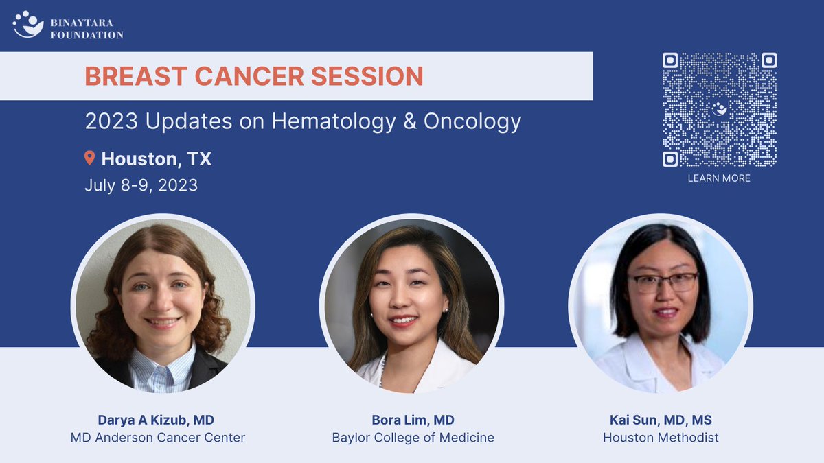 Binaytara (@binaytara) on Twitter photo Learn about Breast Cancer with <a href="/DKizub/">Darya Kizub, MD 🇺🇦</a> (<a href="/MDAndersonNews/">MD Anderson Cancer Center</a>), @naborala (<a href="/BCMHouston/">BCMHouston</a> <a href="/BCMCancerCenter/">Dan L Duncan Comprehensive Cancer Center</a>), and Dr. Kai Sun (<a href="/MethodistHosp/">Houston Methodist</a>) at our 2023 Updates on Hematology & Oncology conference in Houston!
➡️REGISTER: education.binayfoundation.org/content/btfs-2…
#Houston #hematology #oncology #CME Learn about Breast Cancer with <a href="/DKizub/">Darya Kizub, MD 🇺🇦</a> (<a href="/MDAndersonNews/">MD Anderson Cancer Center</a>), @naborala (<a href="/BCMHouston/">BCMHouston</a> <a href="/BCMCancerCenter/">Dan L Duncan Comprehensive Cancer Center</a>), and Dr. Kai Sun (<a href="/MethodistHosp/">Houston Methodist</a>) at our 2023 Updates on Hematology & Oncology conference in Houston!
➡️REGISTER: education.binayfoundation.org/content/btfs-2…
#Houston #hematology #oncology #CME