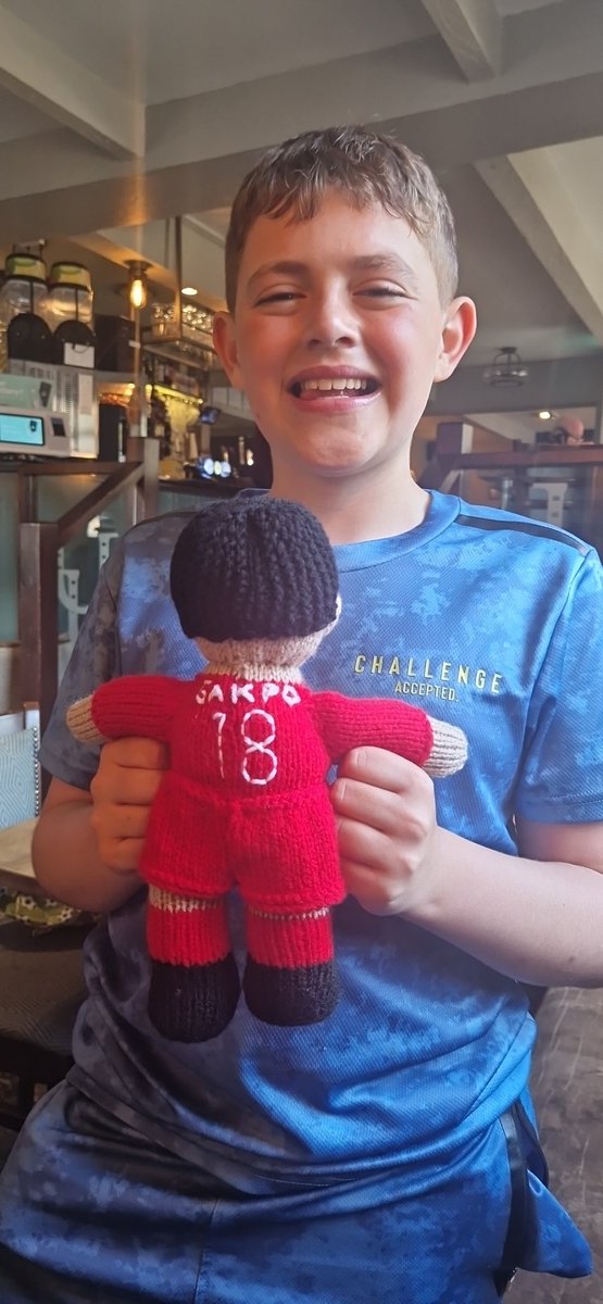 Raggiedoll's tweet photo. @LFC Harry Spencer favourite 11th birthday present.  Knitted by Aunty's Mags, his own Cody Gakpo https://t.co/vMHj3D66KA