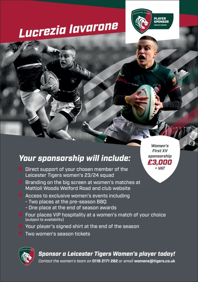 Lucry1415's tweet photo. I am looking for a player sponsorship for the 23/24 season as Leicester Tigers make their inaugural season in the Women's Premier 15s. 

Please get in touch if you are interested on 0116 2171 282 or email womens@tigers.co.uk https://t.co/dLZaVZNHqb