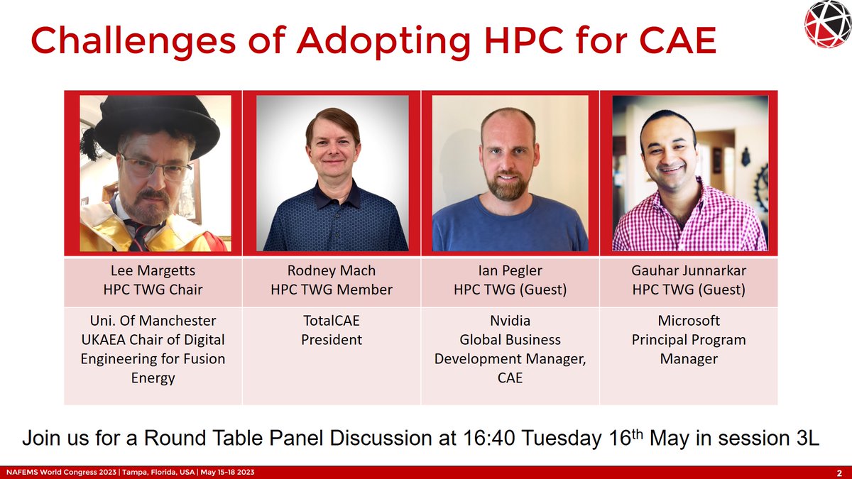 Interested in #CAE, #Cloud and #HPC? Come along to the #NAFEMS HPC Technical Working Group birds of a feather session at 16:40 on Tuesday 16th May (3L) and join in the discussion #NWC23 <a href="/nvidia/">NVIDIA</a> <a href="/Microsoft/">Microsoft</a> <a href="/totalcae/">TotalCAE</a> <a href="/NAFEMS/">NAFEMS</a>