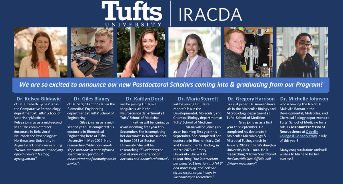Tufts IRACDA Program (@tuftsiracda) on Twitter photo We are so excited to announce our new incoming scholars & graduating scholar with our program!! Here's to great success!! <a href="/kelsearian/">Dr. Kelsea Gildawie</a> <a href="/MariaCSterrett/">Dr. Maria C. Sterrett, PhD</a> <a href="/KaitlynDorst/">Kaitlyn Dorst, PhD (she/her)</a> <a href="/mostly_microbes/">Greg Harrison</a> #science #research #postdoc #career #IRACDA #tufts <a href="/TuftsUniversity/">Tufts University</a> <a href="/TuftsEngineer/">Tufts University School of Engineering</a> <a href="/TuftsMedSchool/">Tufts School of Medicine</a> We are so excited to announce our new incoming scholars & graduating scholar with our program!! Here's to great success!! <a href="/kelsearian/">Dr. Kelsea Gildawie</a> <a href="/MariaCSterrett/">Dr. Maria C. Sterrett, PhD</a> <a href="/KaitlynDorst/">Kaitlyn Dorst, PhD (she/her)</a> <a href="/mostly_microbes/">Greg Harrison</a> #science #research #postdoc #career #IRACDA #tufts <a href="/TuftsUniversity/">Tufts University</a> <a href="/TuftsEngineer/">Tufts University School of Engineering</a> <a href="/TuftsMedSchool/">Tufts School of Medicine</a>