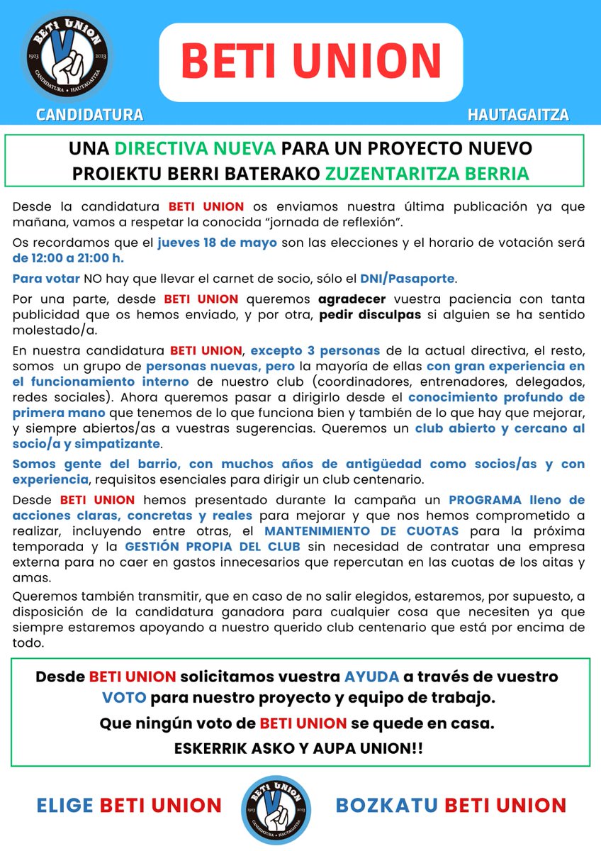 BetiUnionSport's tweet photo. El jueves serán las elecciones, y esta será la última publicación de nuestra candidatura BETI UNIÓN.

Queremos agradeceros la paciencia y el apoyo que nos habéis demostrado.

Os animamos a participar y a decidir en futuro de la Unión Sport San Vicente.

ESKERRIK ASKO BIHOTZEZ! https://t.co/svPdr7sfCx