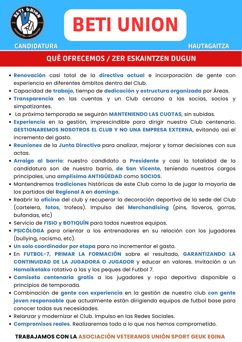 BetiUnionSport's tweet photo. El jueves serán las elecciones, y esta será la última publicación de nuestra candidatura BETI UNIÓN.

Queremos agradeceros la paciencia y el apoyo que nos habéis demostrado.

Os animamos a participar y a decidir en futuro de la Unión Sport San Vicente.

ESKERRIK ASKO BIHOTZEZ! https://t.co/svPdr7sfCx