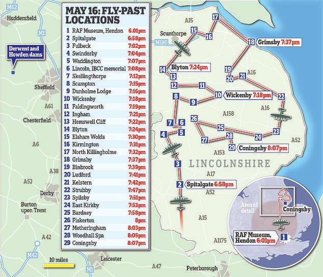 If you're lucky enough to be in Lincolnshire here's the timings for the #dambusters80 flypast this evening