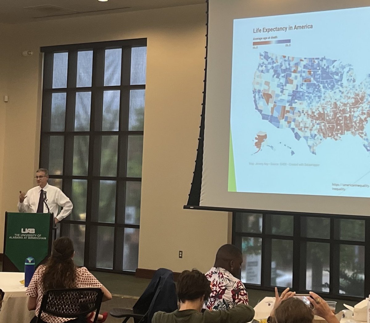 Dr Harris, state health officer, shares data on (residence in) Alabama as a social determinant of health, esp for Black Alabamians. For the 1st time in history, AL has more deaths than births, with notable disparities in infant mortality. ⁦<a href="/cappi_uab/">UAB CAPPI</a>⁩ ⁦<a href="/uabcfar/">UAB CFAR</a>⁩