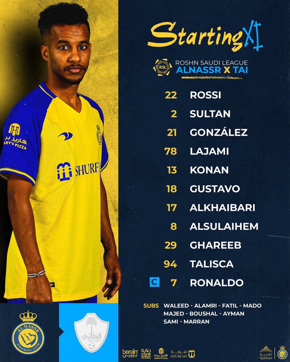 AlNassrFC_EN's tweet photo. 🗒 || Starting lineup,
@AlNassrFC vs #AlTaiFC https://t.co/63IMP2y8vD