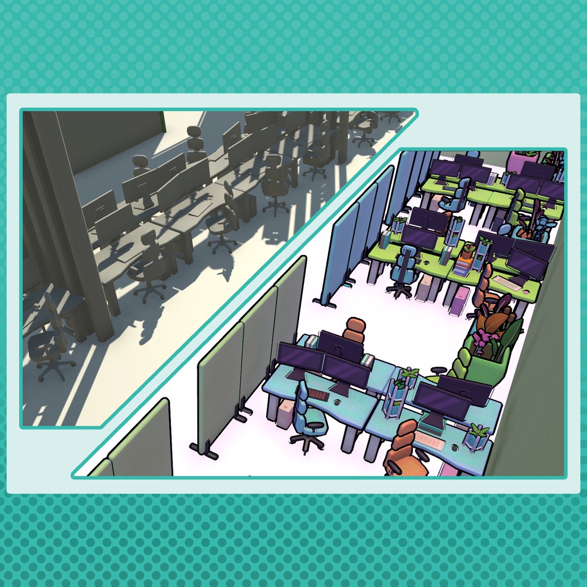 ChonkCatsProd's tweet photo. Trig's office is taking shape! β¨ Look at the transformation from the dreary grey to the colourful office space it has evolved into. Stay tuned to see how the office will continue to develop! π #gotlandgameconference https://t.co/0C9RlPb0IO
