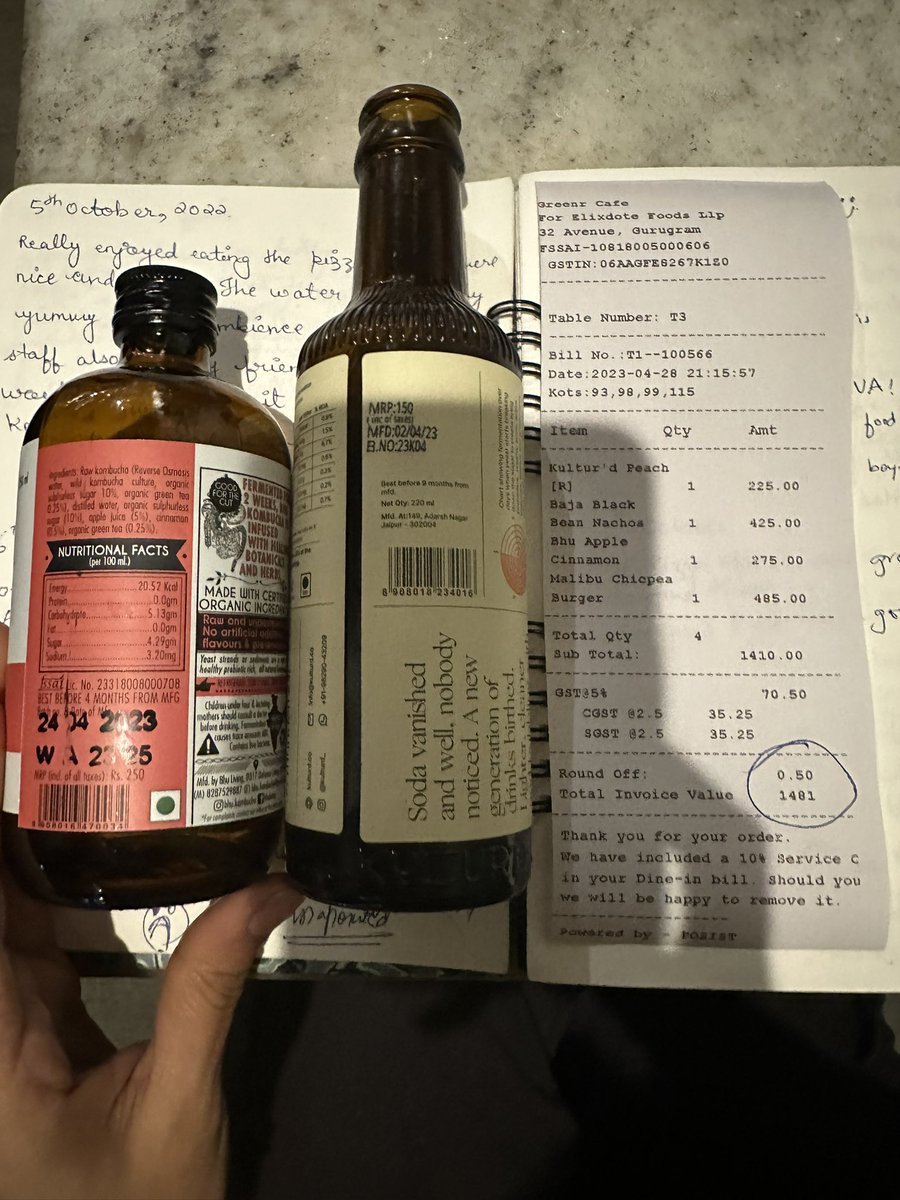 lettersbysid's tweet photo. @BeGreenr @32ndAvenue @bhukombucha greenr overcharging for the kombuchas they serve! On questioning, the servers are plain rude and obviously cannot explain why they charge extra :) Clear violation of MRP regulations #kombucha #begreenr #greenr #kulturd #bhukombucha https://t.co/8xardphOKY