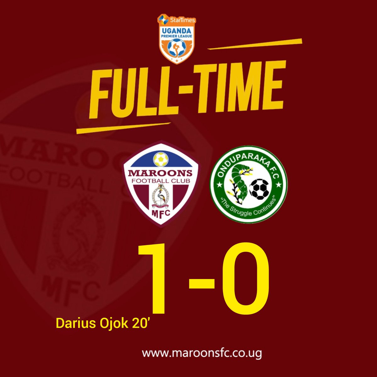 We climb fourth on the log after a 1-0 win over Onduparaka FC in Luzira.

The lonely strike was courtesy of Darius Ojok who scored his fifth goal of the season in less than 12 matches.

#OnlyMaroons #OneForce maroonsfc.co.ug #StarTimesUPL