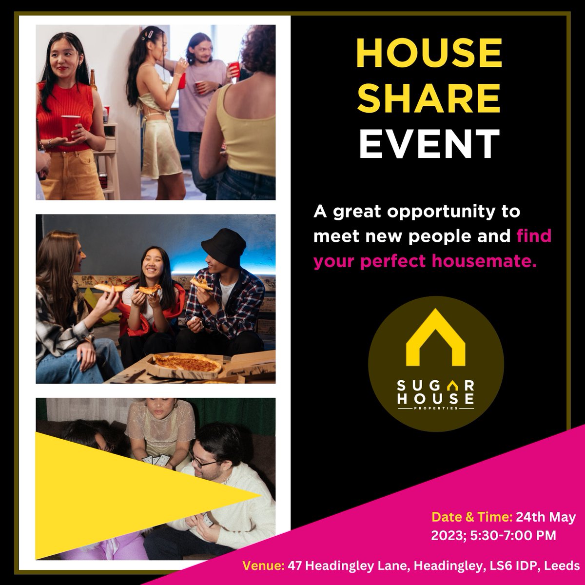 LeedsUniRAG's tweet photo. Our wonderful partner @SugarhouseLeeds are hosting their very own Housemate Meet event!

Be sure to go along if you're looking for housing next year- you'll be supporting a proud RAG supporter of all our charity efforts! https://t.co/hvnEjovGLR