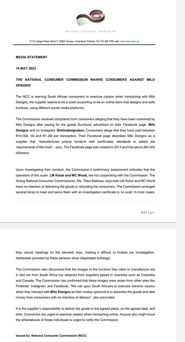 Nandika Shamini Beukes (@tinklez108) on Twitter photo The <a href="/TheNCC_RSA/">The National Consumer Commission (NCC)</a> warns South African consumers to exercise caution when transacting with Milo Designs, the supplier seems to be a scam purporting to be an online store that designs and sells furniture, using different social media platforms. The <a href="/TheNCC_RSA/">The National Consumer Commission (NCC)</a> warns South African consumers to exercise caution when transacting with Milo Designs, the supplier seems to be a scam purporting to be an online store that designs and sells furniture, using different social media platforms.