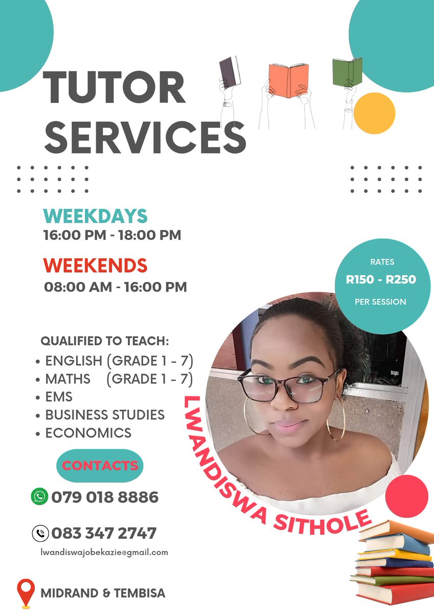 Lwandi_Sithole's tweet photo. We're step closer to Exams and I am here to assist your little one.

Tutor available in Midrand, Tembisa, Kempton Park and all surrounding areas

Thuli Phongolo President Cyril Ramaphosa Russia and Ukraine #unemployment South Africa #SenzoMeyiwaTrail Nandipha https://t.co/HGka85fP0P