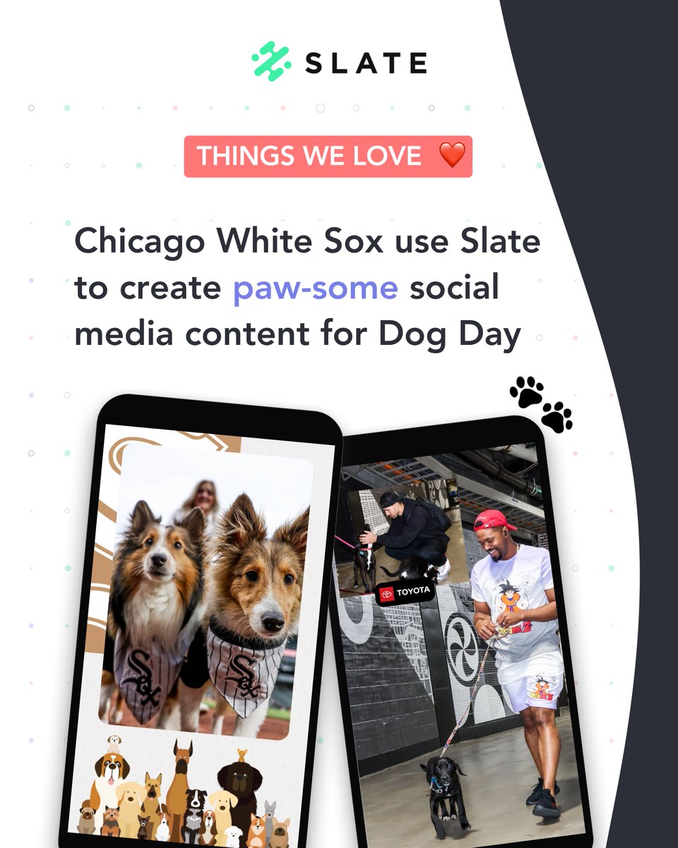 slateteams's tweet image. We're highlighting the @whitesox as this week's Things We Love customer 🫶!

A huge shoutout to @jacyandrews_  for creating some paw-some social media content for their Dog Day activation 🐶. T

We wish everyday was Dog Day🐕‍🦺🐾!