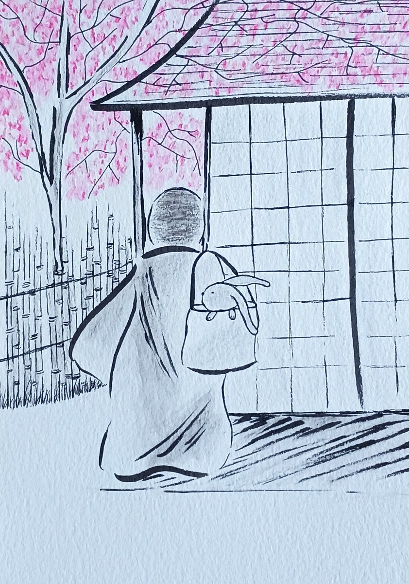 Just a monk and his bunny going into a Japanese tea house on a spring afternoon. Thinking about doing some sort of little series with this idea...🤔 
#illustration 
#kidlitart
#buddhism
#Japan
#teahouse
#drawing
#minimalistart
#cherryblossoms 
#monks