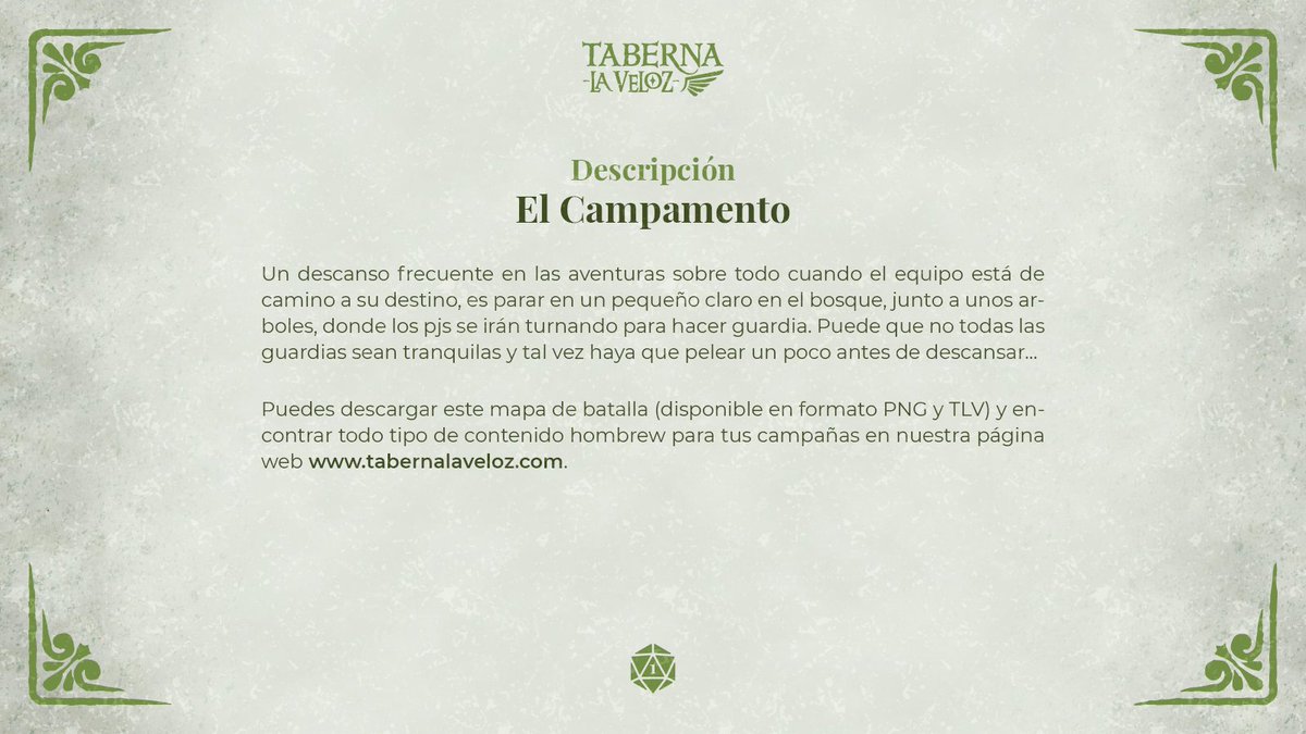 tabernalaveloz's tweet photo. Hace poco decidimos incorporar a nuestro material homebrew los mapas de batalla. Iremos colgando mapas en HD y en versión VTT de aquellos encuentros más recurrentes en las aventuras y otros no tan típicos...

Hoy os dejamos un campamento en el bosque.
🗺️https://t.co/L5stgZDrFM https://t.co/Kz9cuC050q