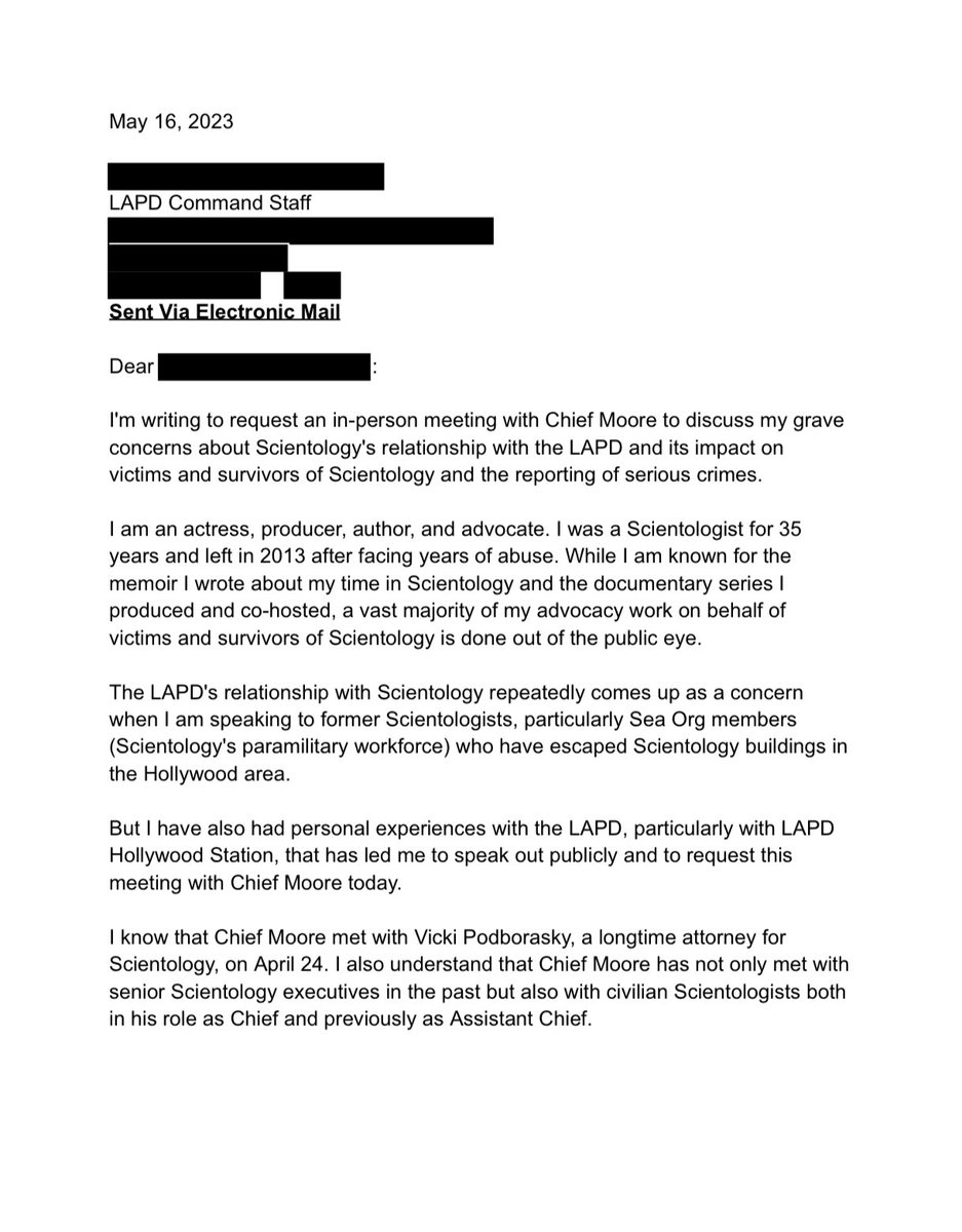 LeahRemini's tweet image. As promised, I contacted LAPD Chief Michel Moore's office directly to request an in-person meeting. 

I look forward to meeting with the Chief to discuss my and many other former Scientologists' concerns about Scientology and its relationship with the LAPD.

@LAPDChiefMoore