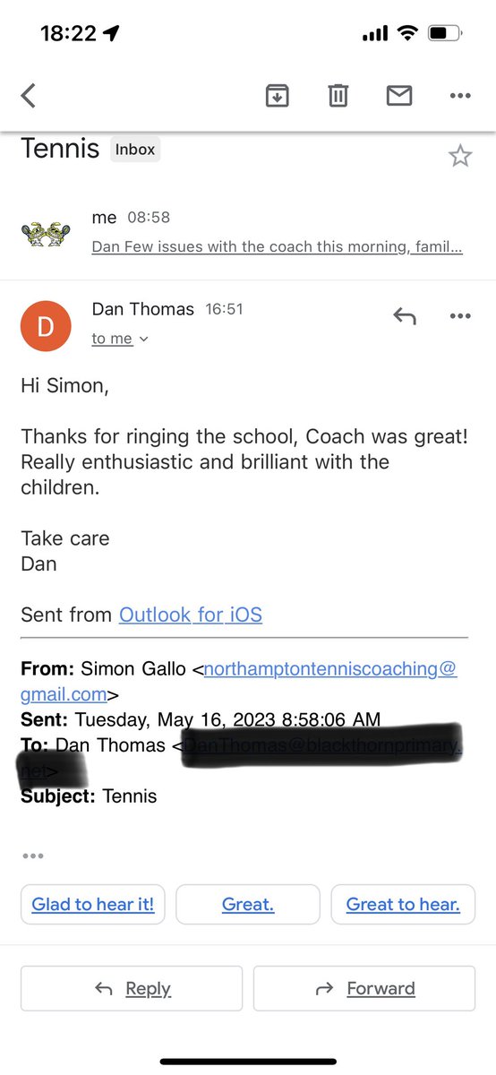 It’s really nice to receive positive feedback about our coaches. We aim to provide the best possible coaching in every setting, and work with our coaches to continually improve. 

Thanks <a href="/BlackthornPrim/">Blackthorn Primary School</a>, great school, Dan is excellent, and we are loving the new tennis club!