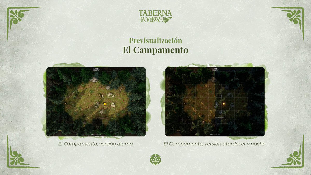 tabernalaveloz's tweet photo. Hace poco decidimos incorporar a nuestro material homebrew los mapas de batalla. Iremos colgando mapas en HD y en versión VTT de aquellos encuentros más recurrentes en las aventuras y otros no tan típicos...

Hoy os dejamos un campamento en el bosque.
🗺️https://t.co/L5stgZDrFM https://t.co/Kz9cuC050q