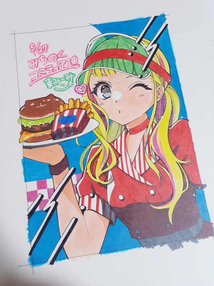 1girl visor cap burger solo food one eye closed blonde hair  illustration images