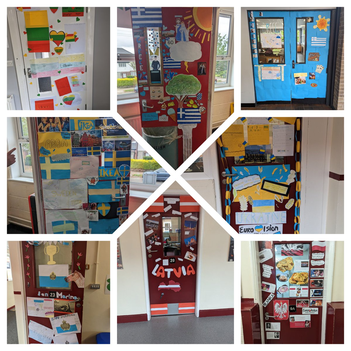 AoMPerArts's tweet photo. To celebrate #Eurovision our year 7 and 8 pupils had to design their form doors to represent a different country! Some amazing entries this year and it will be hard to pick a winner @DT_AoMSchool @Year7Aom @Year8AoM https://t.co/zJ3qMguEg1