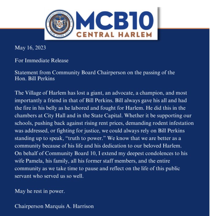 Statement from Community Board 10 Chairperson on the passing of the Hon. Bill Perkins