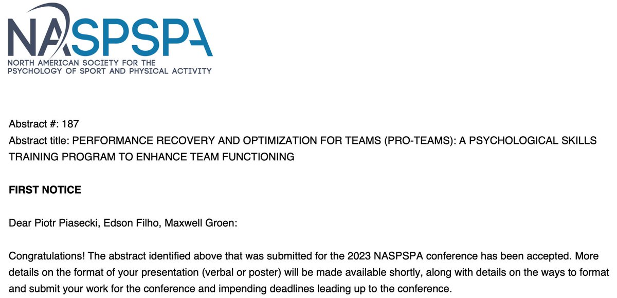 PiotrAPiasecki's tweet photo. Excited to present at @NASPSPA in just two weeks. Right outside of my hometown in Toronto. Sharing the outcomes of a group dynamics program we developed in the PRO Center at @BUWheelock. Project completed alongside my supervisor @esmfilho and colleague Max Groen. #PROCenter https://t.co/je3fbt85VV