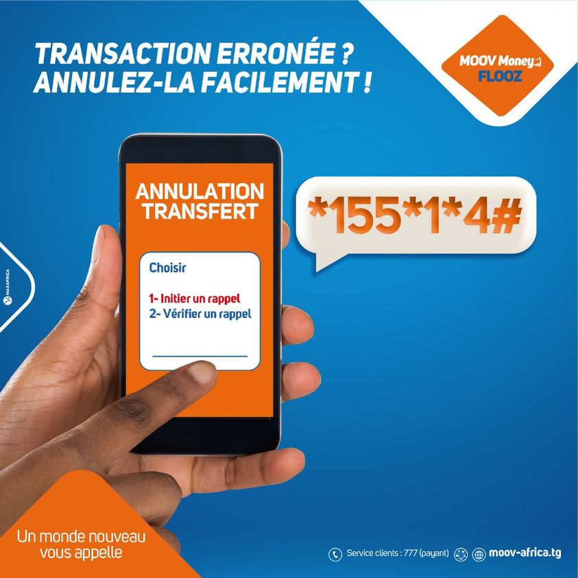 moovafricatg's tweet image. Hello Famille ! Ne paniquez plus en cas d'erreur de transfert via #MoovMoneyFlooz.

Composez juste *155*1# option 4 et suivez les instructions pour annuler votre opération au calme. 📷

#MobileMoney #Annulation #Transfert #MoovAfricaTogo