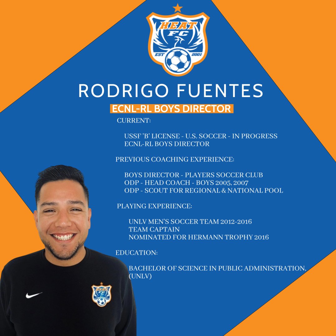 LVHEATSURFSC's tweet photo. Heat FC announces Rodrigo Fuentes as our ECNL-RL Boys Director. Fuentes won accolades with @unlvmenssoccer. He brings experience, expertise, and enthusiasm to our Boys ECNL-RL program, continuing to position Heat FC as a leader in Nevada #soccer. #WeAreHeat #HeatFC @ECNLboys https://t.co/T6kTTlHkjg