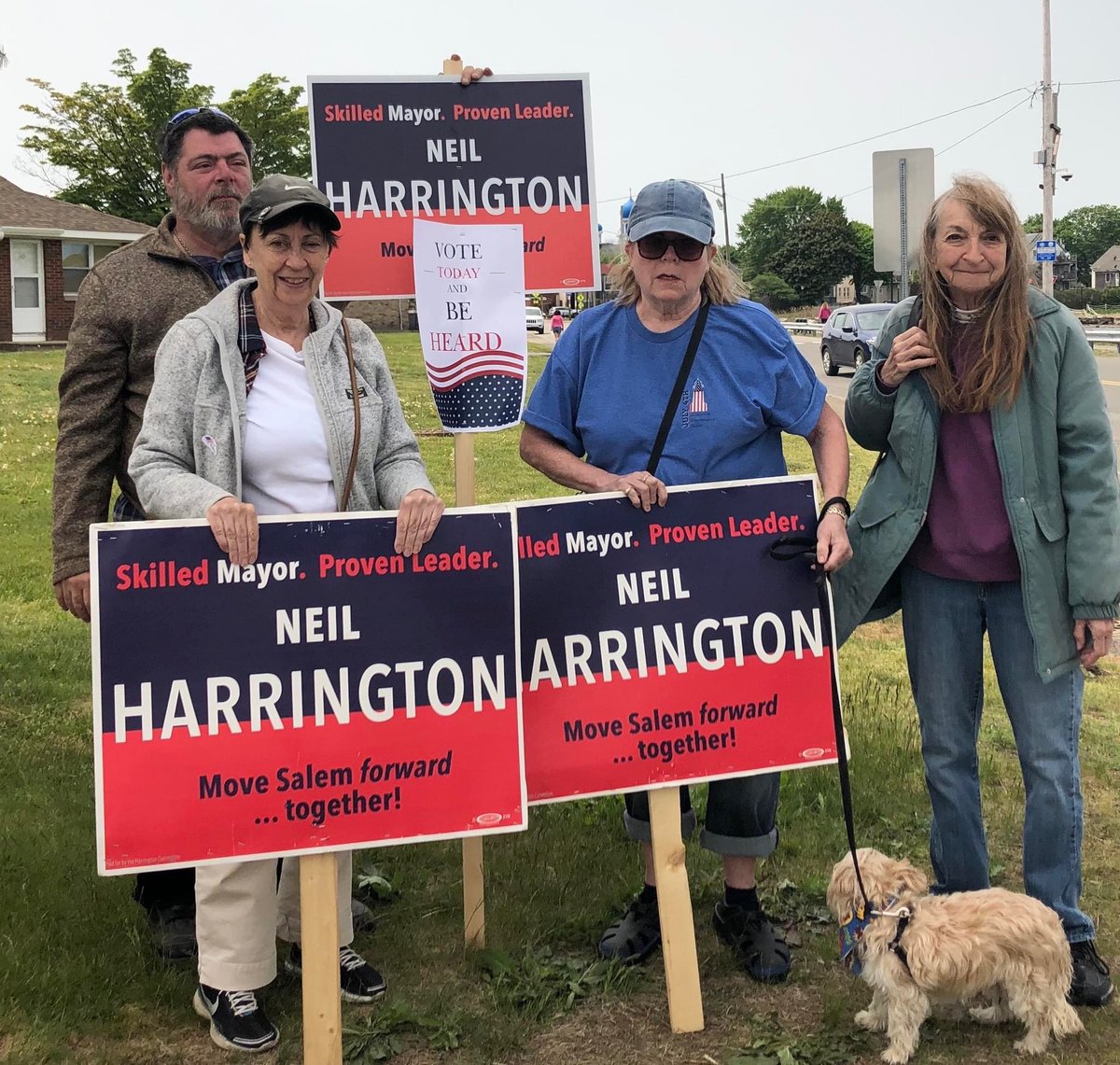 Harrington01970's tweet photo. Harrington Team sign holders are out at every polling place to greet voters. I am so grateful for their support and enthusiasm. Please take the time to vote today. Be heard in every Ward. https://t.co/0AaoxNcN9Q