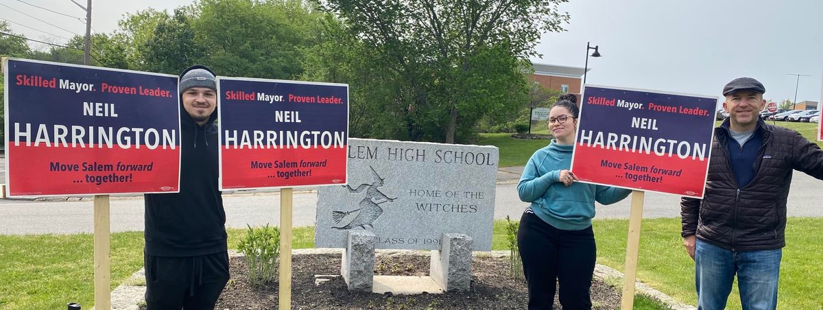 Harrington01970's tweet photo. Harrington Team sign holders are out at every polling place to greet voters. I am so grateful for their support and enthusiasm. Please take the time to vote today. Be heard in every Ward. https://t.co/0AaoxNcN9Q