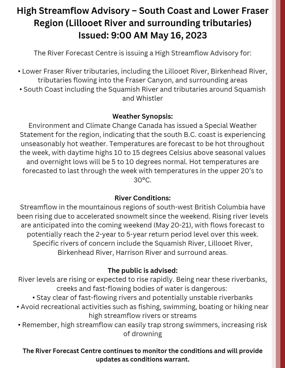 LilwatNation's tweet photo. Áma sn̓án̓atcw | Good Morning,

 The BC River Forecast Centre has issued the statement below. 

Understand the risks and get prepared by visiting www.PreparedBC/floods https://t.co/UJWaboTTUZ