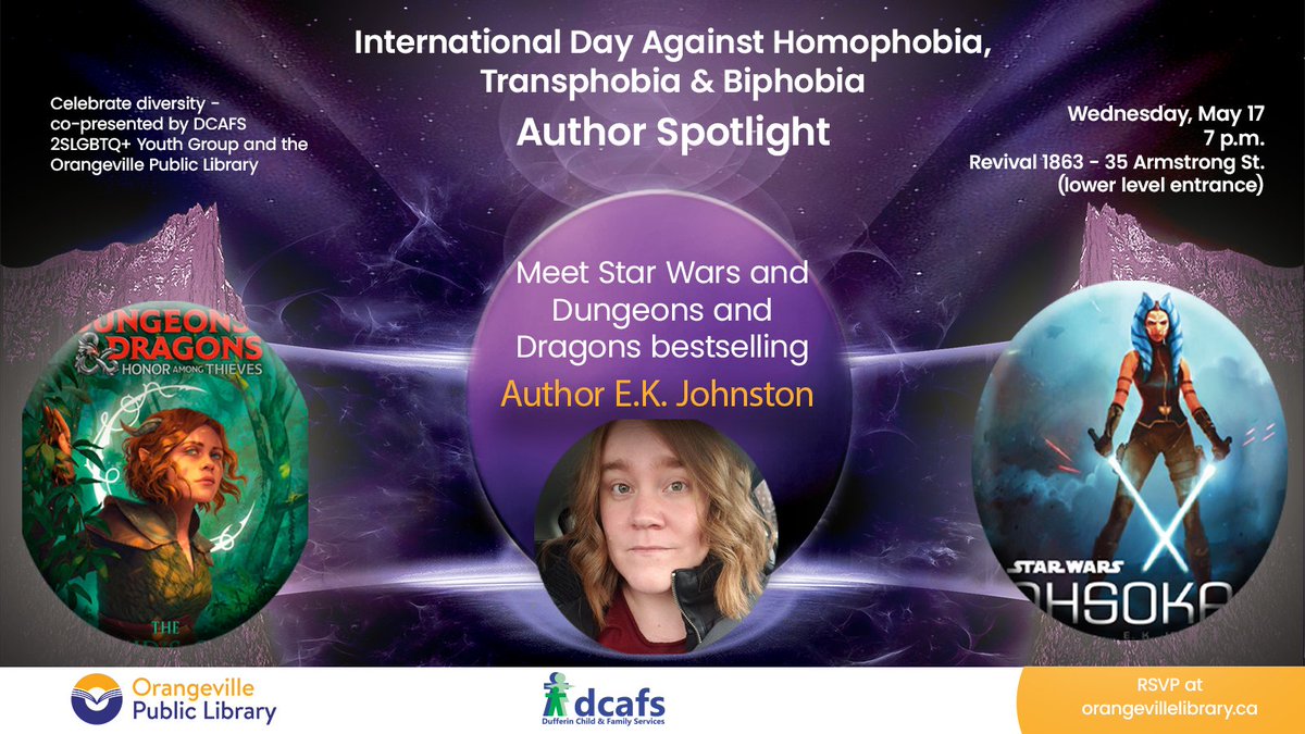 OvilleLibrary's tweet photo. Join @DCAFS and the @OvilleLibrary tomorrow at 7 p.m. for a evening with E. K. Johnston in recognition of the International Day Against Homophobia, Transphobia and Biphobia.
The event is being held at Revival 1863 - 35 Armstrong St. - lower level entrance. https://t.co/jsUkKFtstR
