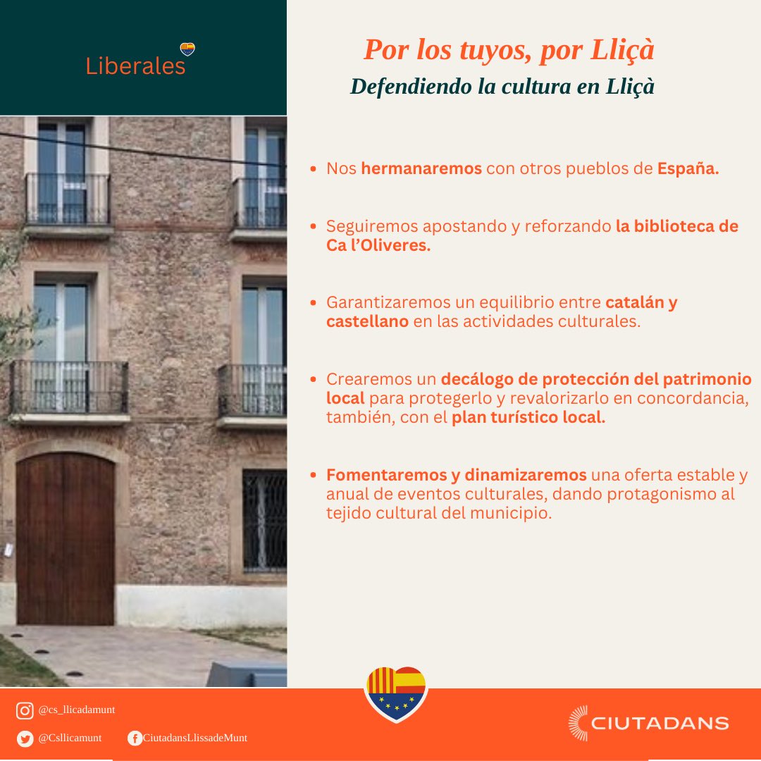 Csllicamunt's tweet photo. ✅Nuestro resumen de las propuestas de cultura para este próximo mandato 👉

🧡Hagamos de #lliçadamunt un ejemplo de pueblo, donde la cultura pueda latir al ritmo de su gente y de su tejido asociativo. 
#porlostuyos #porlliça #pedrocid2023 https://t.co/dNoF2qpWrT