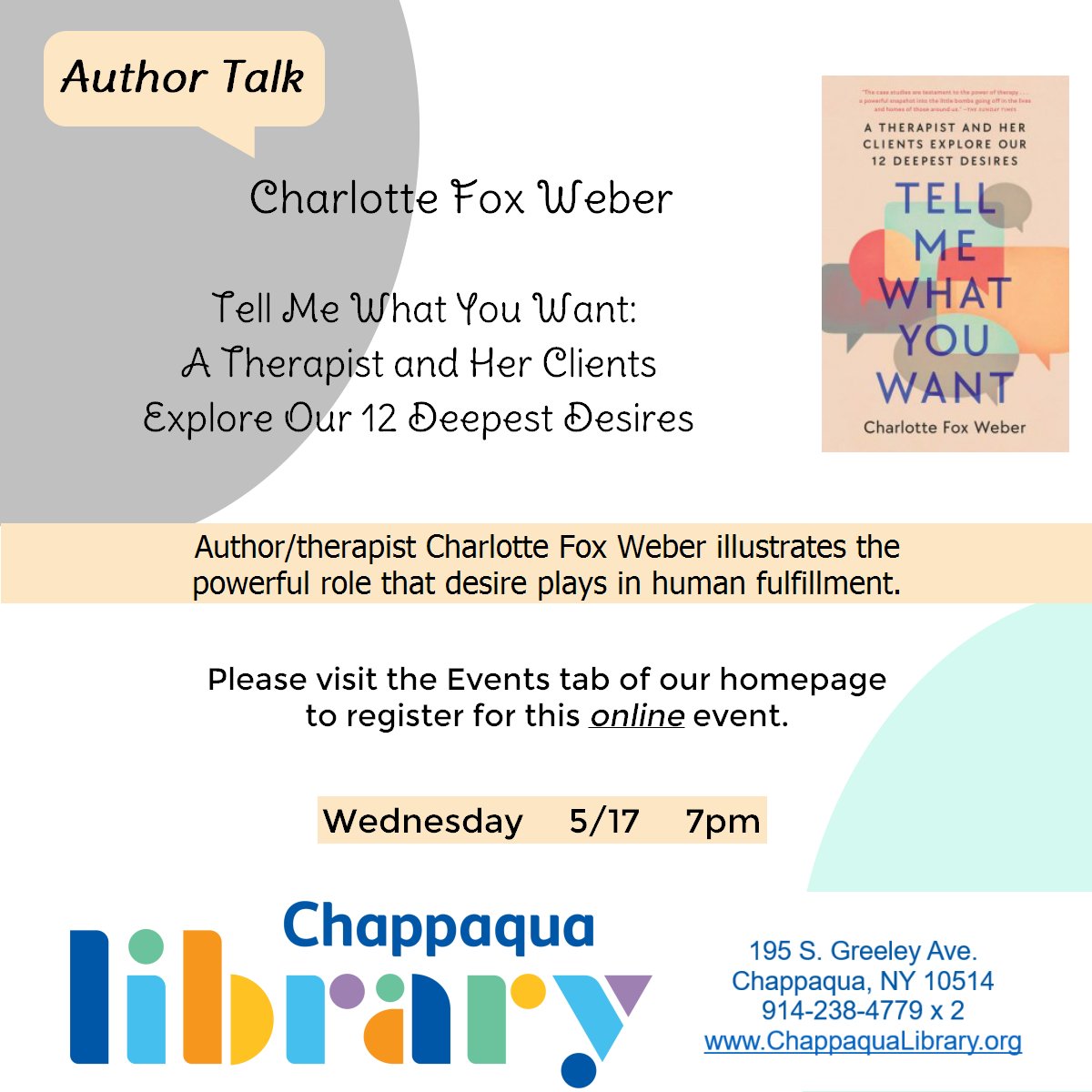 ChappLib's tweet image. Wednesday evening!   For more information and to register, click here: tockify.com/chappaqua.libr… @Charliefoxweber  #AuthorTalk  #LibraryAtHome #Chappaqua #Millwood #TownOfNewCastle