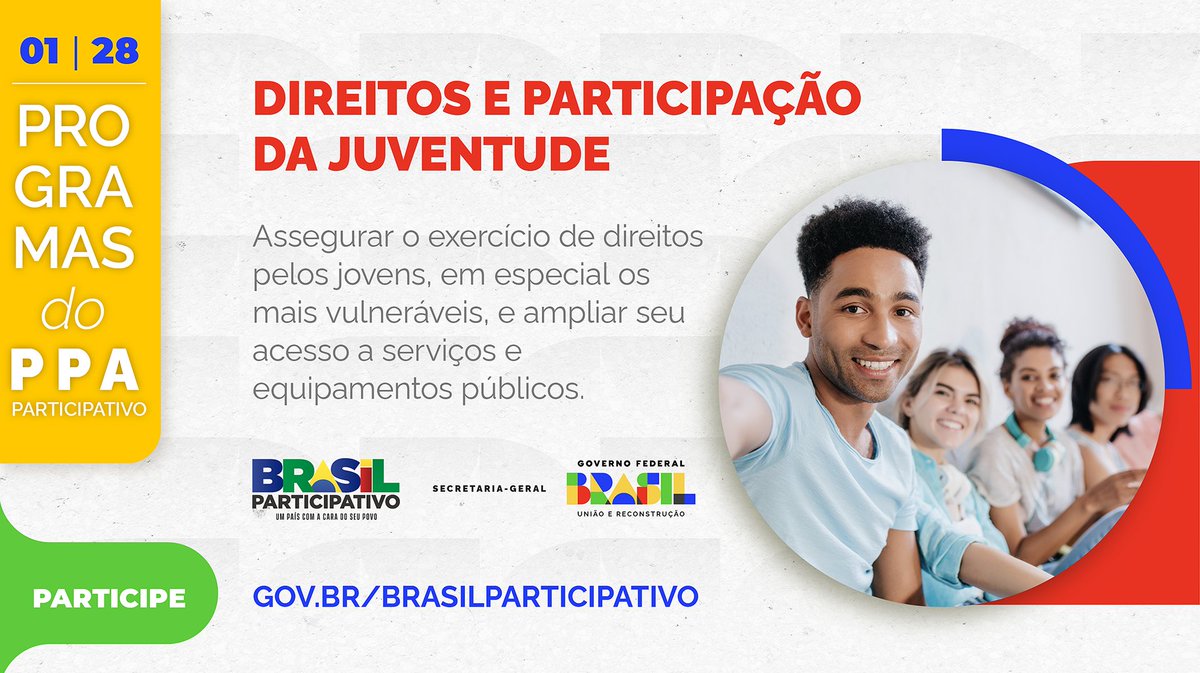 SGPresidencia's tweet photo. Conheça os 28 programas do Governo Federal que você pode escolher como prioridades para os próximos 4 anos, votando na plataforma digital #BrasilParticipativo. O primeiro da série que iniciamos hoje trata de políticas públicas para a #juventude. 🗳️Vote em: https://t.co/D8jBm8e8VQ https://t.co/RmzdAUUjSw