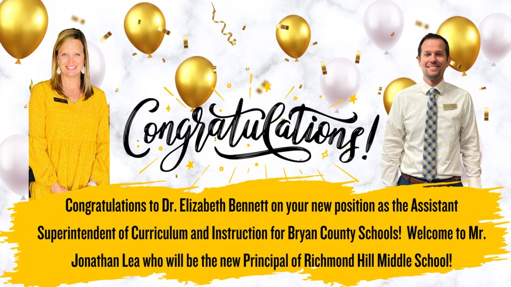 RichmondHillMS's tweet photo. Congratulations to Dr. Elizabeth Bennett on your new position as the Assistant Superintendent of Curriculum and Instruction for Bryan County Schools!  Welcome to Mr. Jonathan Lea who will be the new Principal of Richmond Hill Middle School!  #WeAreRHMS https://t.co/Mr2IPocLmC