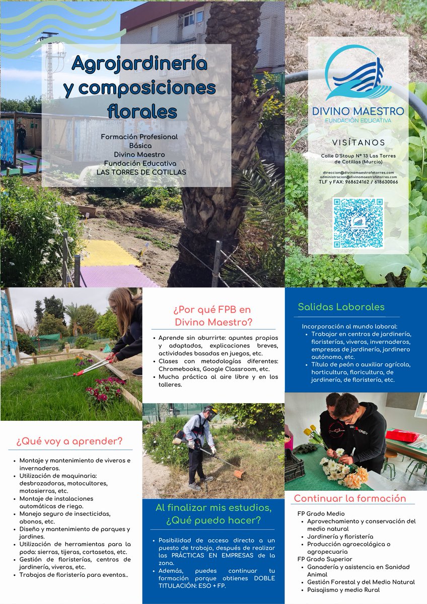 D_MaestroTorres's tweet photo. La semana que viene comienza el proceso para poder estudiar FP Básica de Agrojardinería y Composiciones Florales en el Divino Maestro de Las Torres de Cotillas. Durante estas semanas os daremos muchas razones para realizar esta FP con nosotros.
#fpdivinomaestro #fpbasica https://t.co/DMofvCmkNf