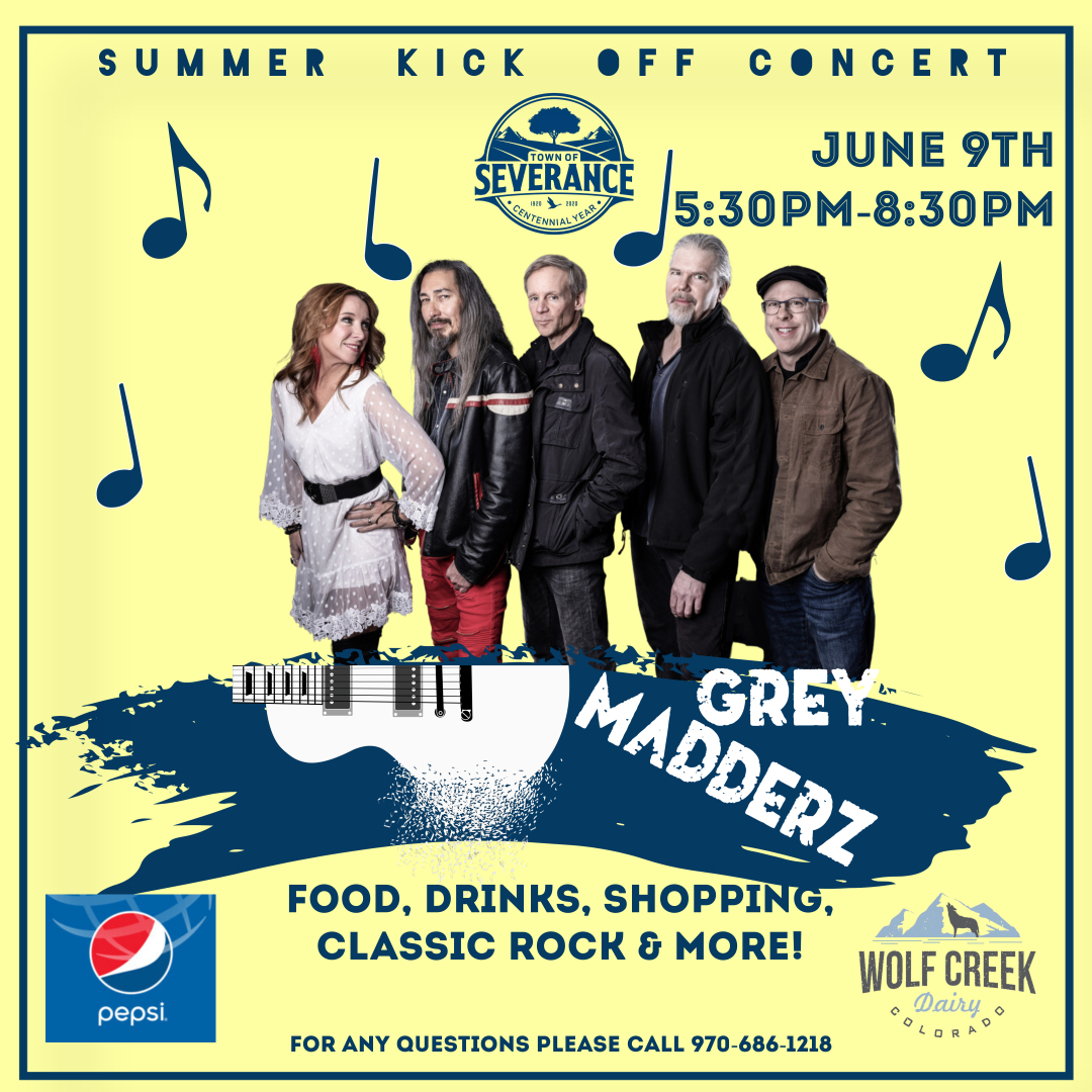 TownofSeverance's tweet photo. Join us at Community Park for a night of fun with classic rock from Grey Madderz! There will be food trucks, drinks, vendor booths, and more! 

#greymadderz #townofseverance #severancecolorado #severanceco #summerconcertseries #summerkickoffconcert #community https://t.co/CUtQEuHBcb
