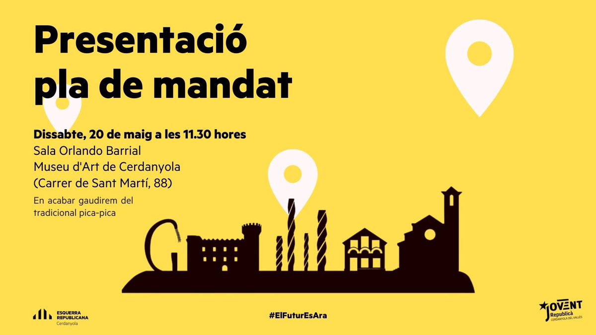 ERCerdanyola's tweet photo. 🙌 Tenim el projecte i tenim l'equip. 

📍T'esperem dissabte 20 de maig a les 11:30 al MAC per explicar-te de primera mà com posarem #CerdanyolaEnMarxa. 

❗️Depèn de tu. El futur és ara https://t.co/CVgx233OCX