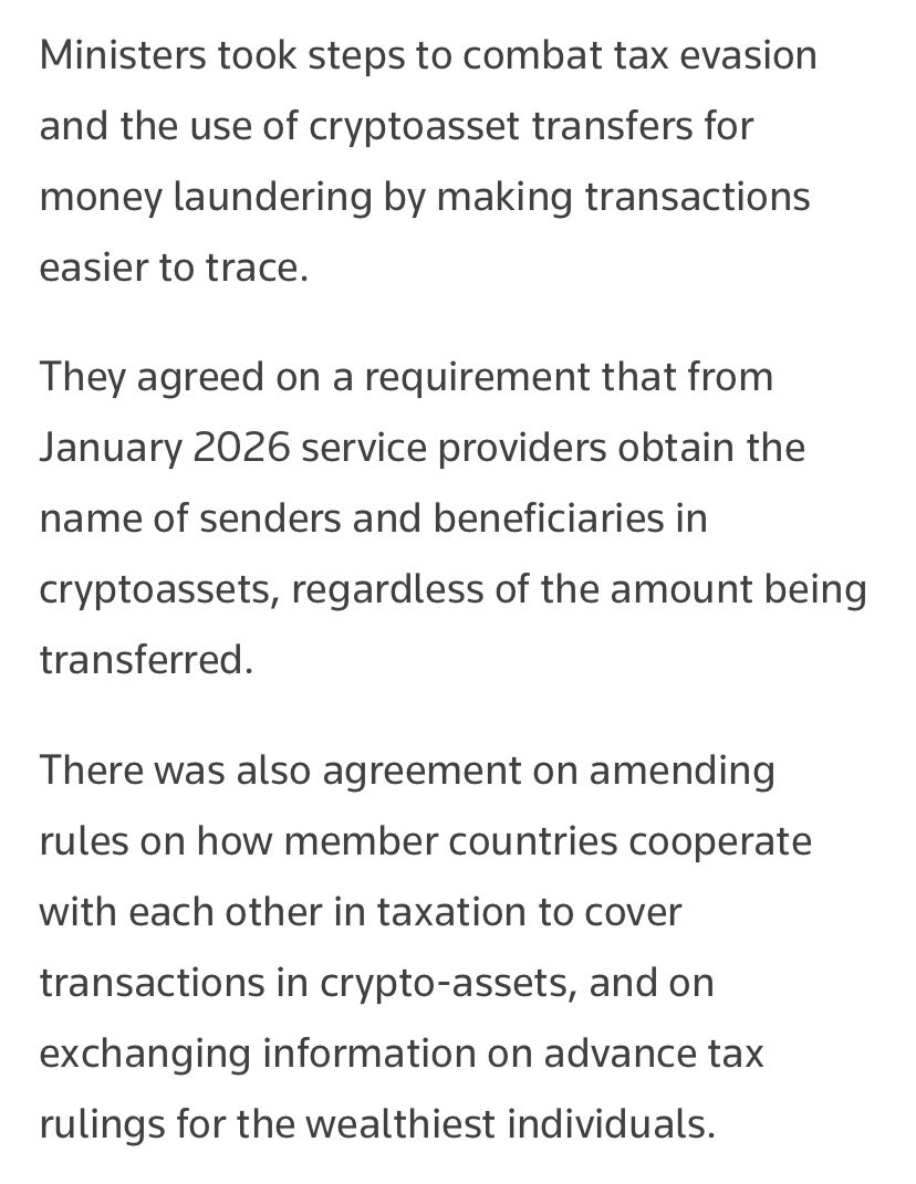 EU is proving me right about crypto.

Only a matter of time until it’s fully regulated as merely another asset class, and it certainly will not be allowed to pose a threat to official state currencies (sorry crypto-bro libertarians).