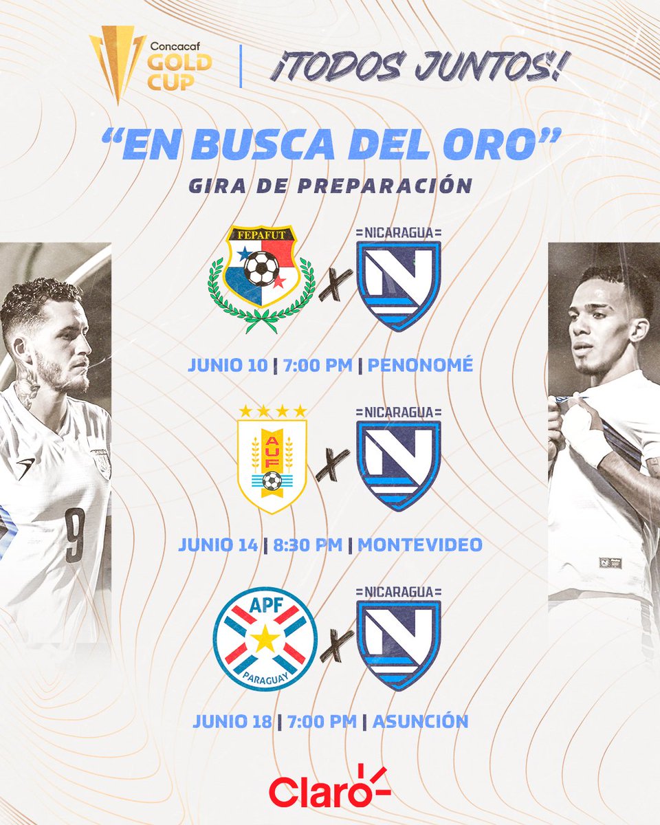LaAzulyBlanco's tweet photo. 🤩 Tres ciudades, tres partidos, un destino: @GoldCup 2023.
 
✅Esta será nuestra GIRA de preparación rumbo a nuestro objetivo, tres amistosos de lujo. 

Juntos EN BUSCA DEL ORO 🇳🇮 👏🏼
@ClaroNicaragua https://t.co/V2puCNyfZi